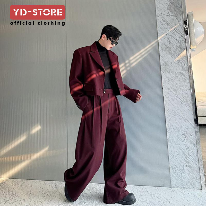 ยุโรปอเมริกันฝรั่งเศสปารีสแคทวอล์สไตล์เบอร์กันดีสูทสั้นเข้ารูปผู้ชายหล่อจับคู่ชุดกางเกงขากว้างสูท