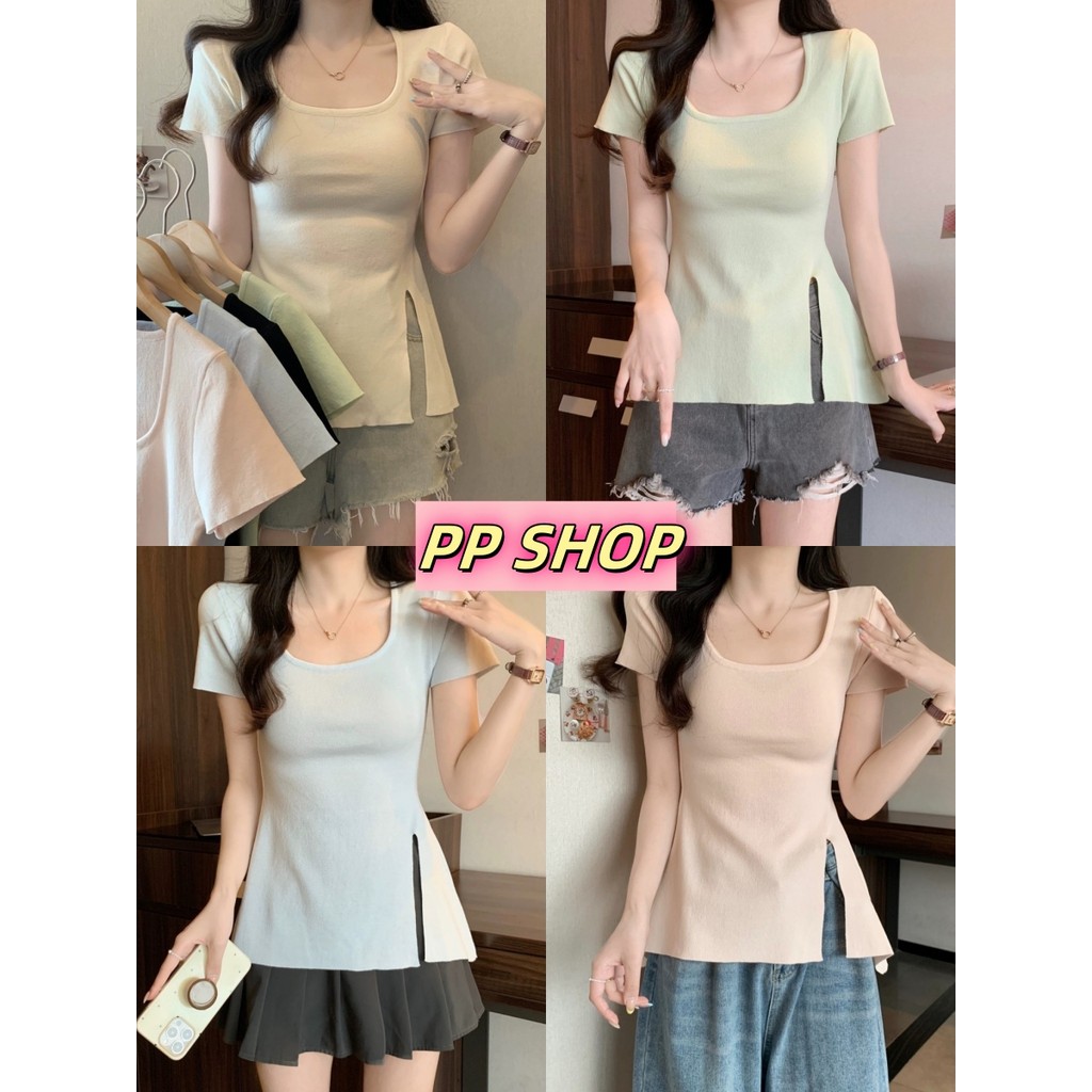 PP Shop​ พร้อมส่ง เสื้อยืด คอกลม แขนสั้น สีพื้น ผ้าคอตตอน สไตล์ลำลอง เสื้อ ผ่าด้านข้าง สไตล์เกาหลี หลากสี ทรงสวย#D113