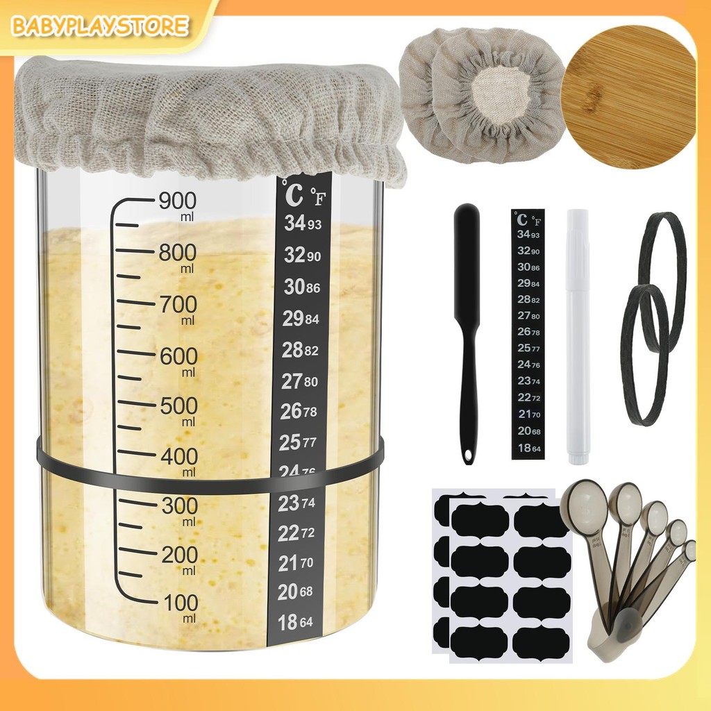 Sourdough Starter Jar Kit 900ml เปรี้ยวเริ่มต้นคอนเทนเนอร์ปากกว้างแก้ว Sourdough ขวดหมักสําหรับขนมปังเบเกอรี่ SHOPQJC3477
