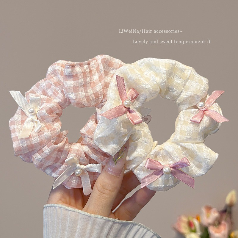 [นกกางเขน] โบว์ลายสก๊อตสีชมพูและสีขาวหวานลําไส้ใหญ่ผูกผม 2024 เชือกผูกผมสไตล์เกาหลีใหม่ หมวก