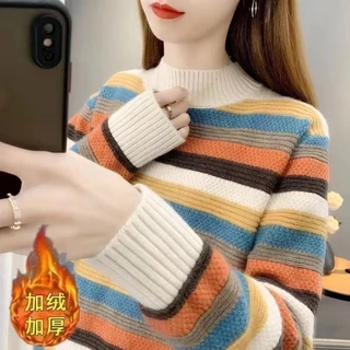 ครึ่งคอเต่าลายเสื้อกันหนาวผู้หญิง 2025 ฤดูใบไม้ร่วงฤดูหนาวสไตล์ใหม่เกาหลีรุ่นหลวมถักเสื้อ จุดต่ําสุด ด้านนอก เรา