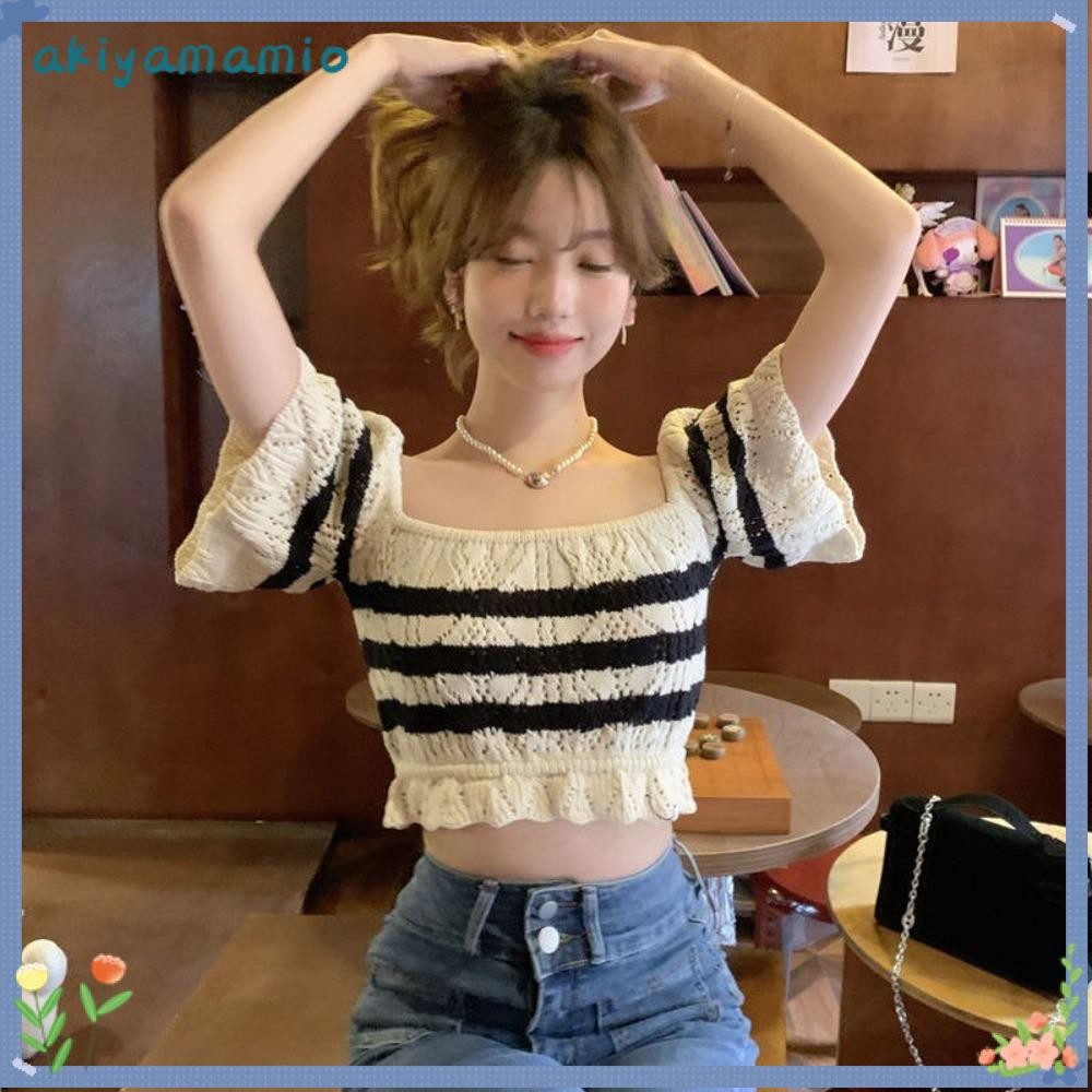 อากิยามามิโอะ แขนสั้นด้านบน,สไตล์เกาหลีคอสี่เหลี่ยมบินแขนลายถักเสื้อกันหนาว,สะดือสัมผัสคุณภาพสูงอ่อนโยนลมแขนสั้นเสื้อ