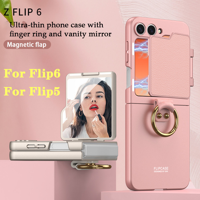 สําหรับ Samsung Galaxy Z Flip6 กรณี Slim shell พร้อมเข็มกลัดแหวน Flip5 กรณีเลนส์ฝาครอบกระจกความงาม