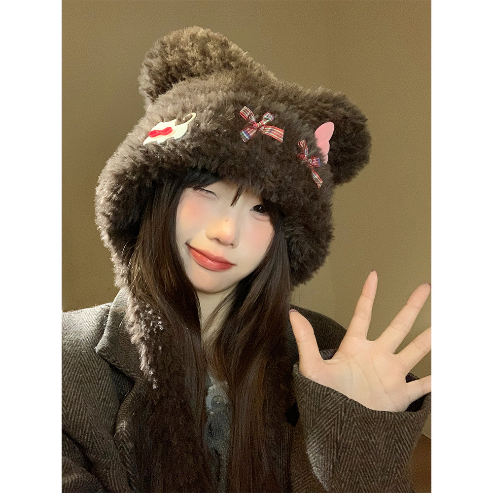 น่ารักกุทัณฑ์ลูกแมวหมวกตุ๊กตาหญิงฤดูใบไม้ร่วงฤดูหนาว 2024 สไตล์ใหม่ป้องกันหูที่อบอุ่น เล่ย ฮ หมวกหมวกหน้าเล็ก