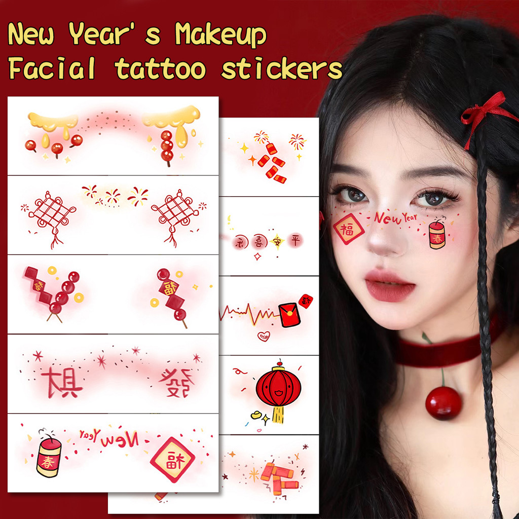 สติ๊กเกอร์รอยสักลายดอกไม้ไฟปีใหม่-แพทช์หน้าประทัดสไตล์จีน-กันน้ํา,กาวในตัว-ตกแต่งศิลปะร่างกาย ทําเอง -อุปกรณ์แต่งหน้างานเทศกาล