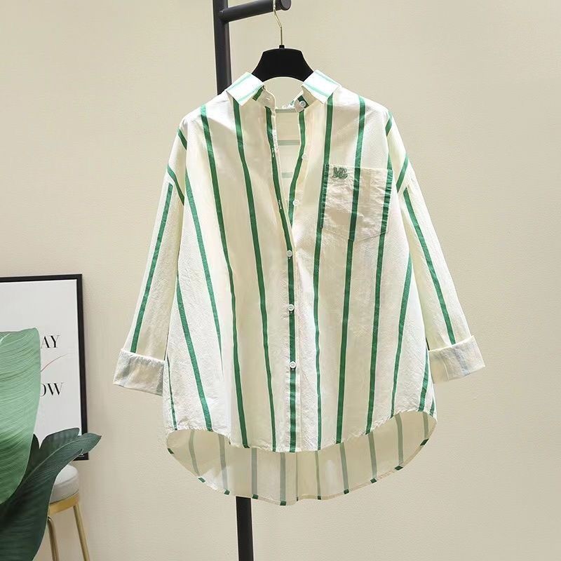 ขนาดใหญ่ขนาดสีเขียวลายเสื้อฤดูใบไม้ผลิฤดูใบไม้ร่วงสไตล์ใหม่เวอร์ชั่นเกาหลีหลวมสบายๆเสื้อแขนยาว