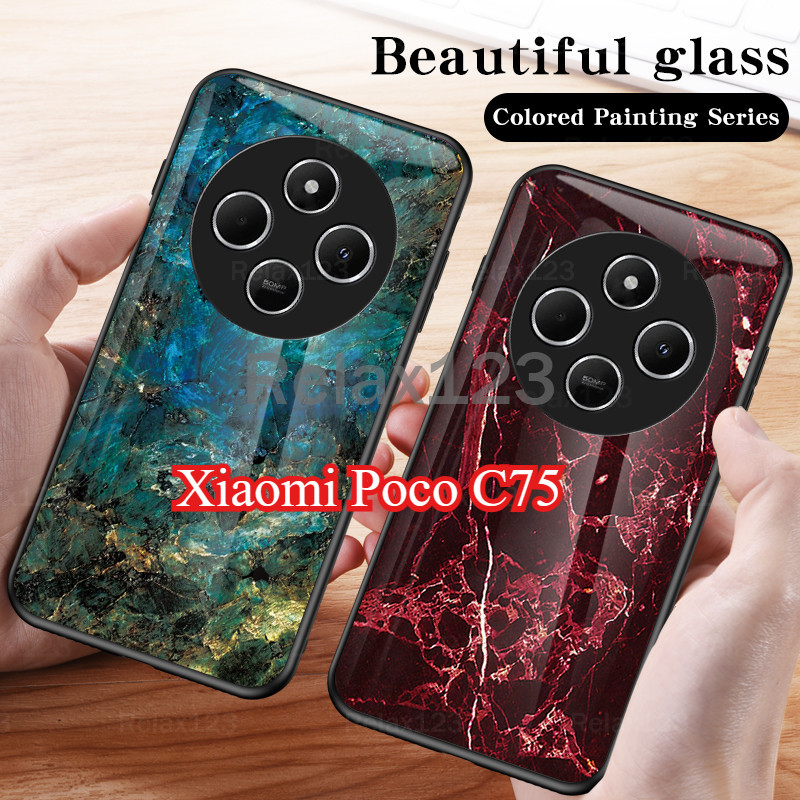 สําหรับ Xiaomi Poco C75 4G Xiaomi PocoC75 Poco C 75 4G ปลอก 2024 Marble Grain กระจกนิรภัย Hard เคสโทรศัพท์ซิลิโคนฝาหลัง