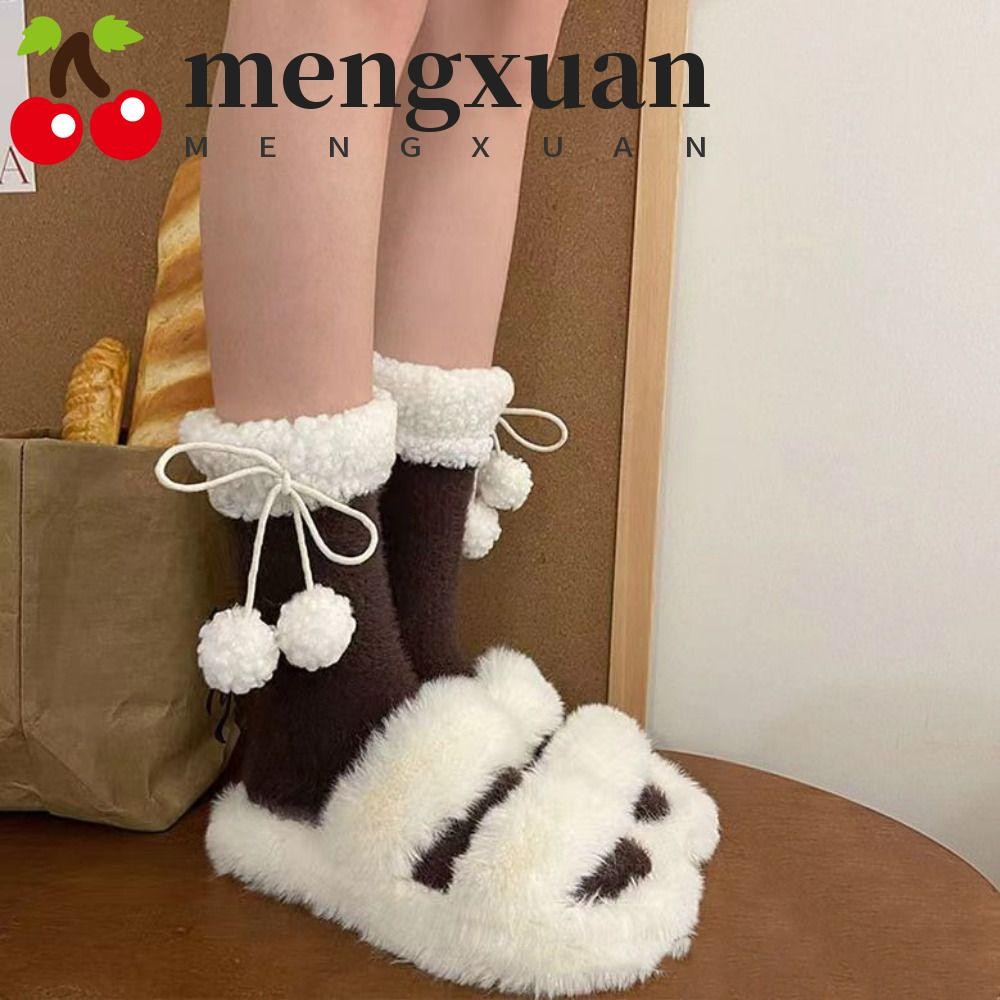 Mengxuan ถุงเท้าโลลิต้าทําด้วยผ้าขนสัตว์, Y2K Thicken ถุงเท้าฤดูหนาวผู้หญิง, Kawaii All Match Lace Up Hosiery ถุงเท้าขนแกะปะการัง Lolita