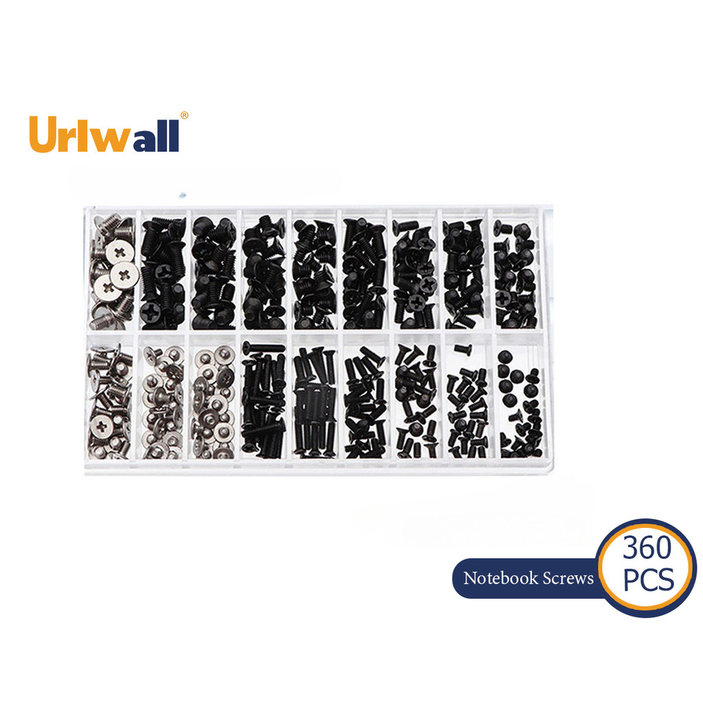 Urlwall 360pcs M2 M2.5 M3 สกรูโน้ตบุ๊คสีดํา/เงินโน้ตบุ๊คชุดสกรูหัวแบนพร้อมไขควงสําหรับ Dell Sony IBM HP