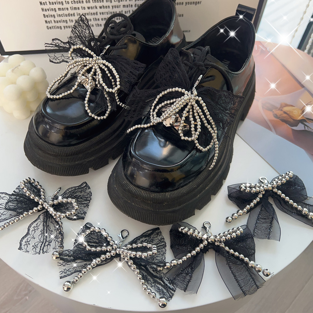 Romance Lace Pearls Bead String Bowknot Shoelaces Decor Buckle - DIY Sweet Pearl Bow จี้หัวเข็มขัดรองเท้าอุปกรณ์เสริม