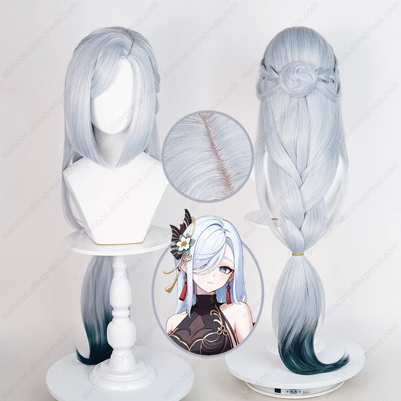 New Skin Lantern Rite Shenhe Cosplay Wig 100cm Long Braid Silver Blue Gradient Wigs Heat Resistant S