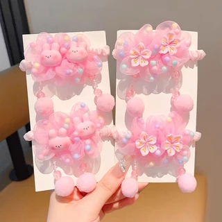 Dangle น่ารักดอกไม้สีชมพูผมผูกเชือกผม Scrunchies ยางผมหางม้าเครื่องประดับสําหรับเด็กเด็ก