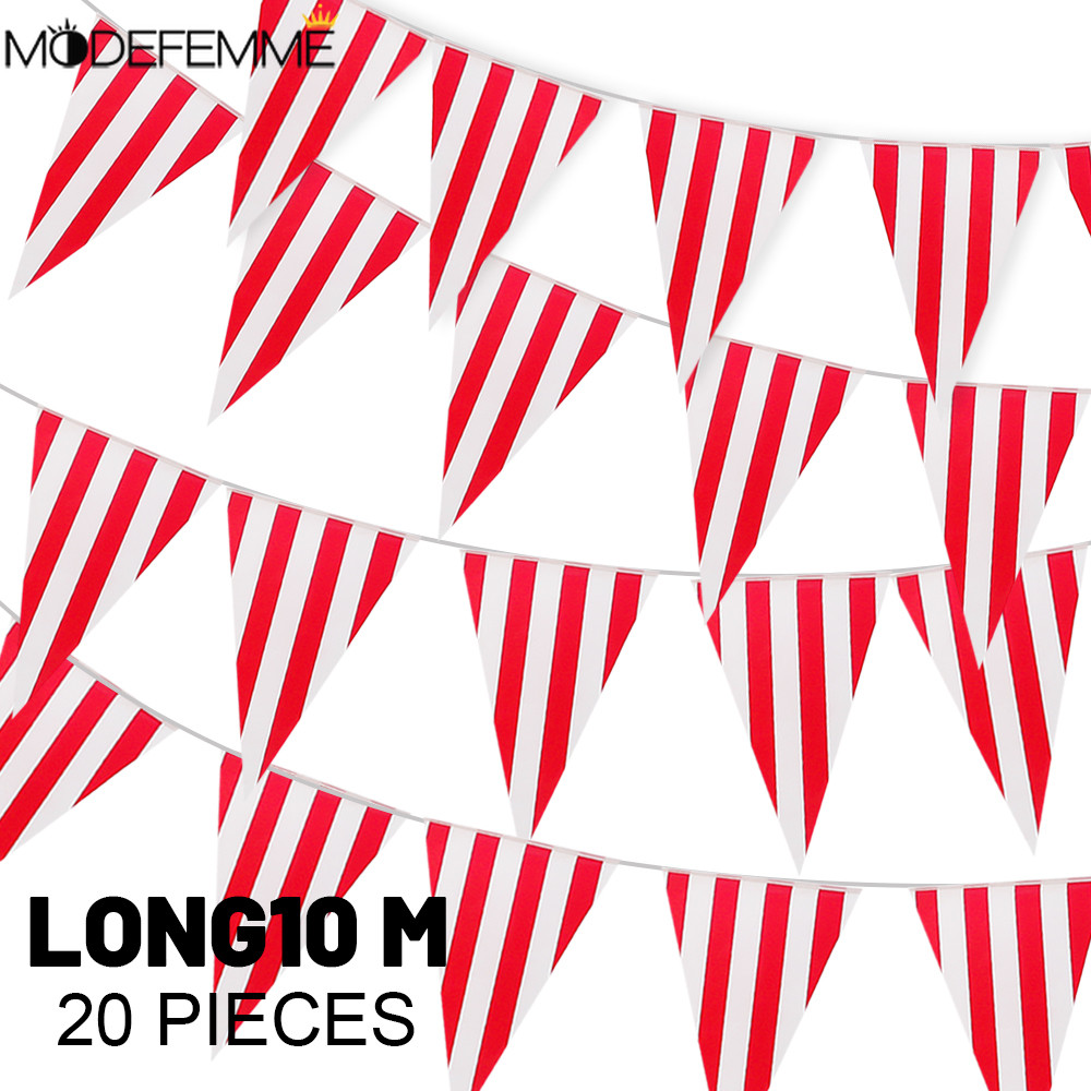 10m Carnival Theme Party Flag ตกแต่ง - สีขาวลาย Pennant สามเหลี่ยม Bunting - สีแดงสีขาวลาย Garland Flag - Party Decor ธงแบนเนอร์ - สําหรับ Circus Birthday Party Decor