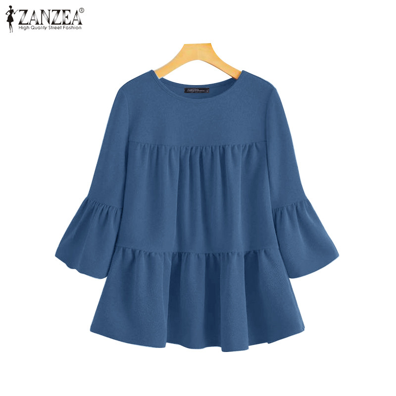 Zanzea เสื้อเบลาส์สีทึบคอกลมแฟชั่นสําหรับผู้หญิง