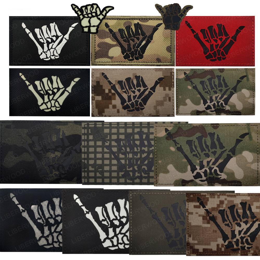 Skull Skeleton Hand Finger Glow Dark Patch,อินฟราเรดIRสะท้อนแสงยุทธวิธีตกแต่งแพทช์AppliquesกับHook Loop Fastener