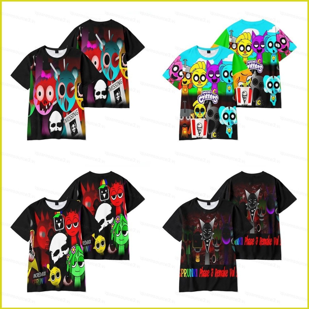 Sq3 incredibox Sprunki เพลงเกม 3D เสื้อยืดแขนสั้นดิจิตอลพิมพ์เสื้อผ้าลูกเรือคอ