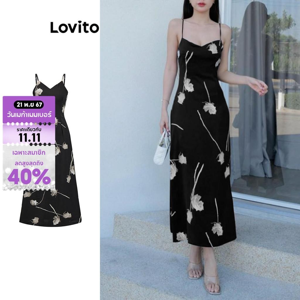 Lovito ชุดเดรสผู้หญิง เปิดหลัง ลายดอกไม้ สไตล์ลำลอง L86ED193