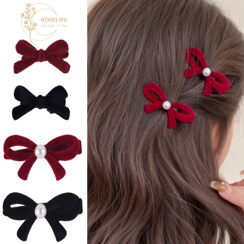 Roselife 1PC Christmas & ปีใหม่กํามะหยี่สีแดงริบบิ้นโบว์กิ๊บติดผมสําหรับผู้หญิงสาว Bowknot Hairpins ผม Barrettes