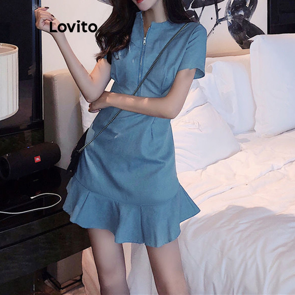 Lovito ชุดเดรส แขนพัฟ ลายดอกไม้ ชายระบาย เข้ารูป เรียบหรู สำหรับผู้หญิง LNE20045 (สีน้ำเงิน)