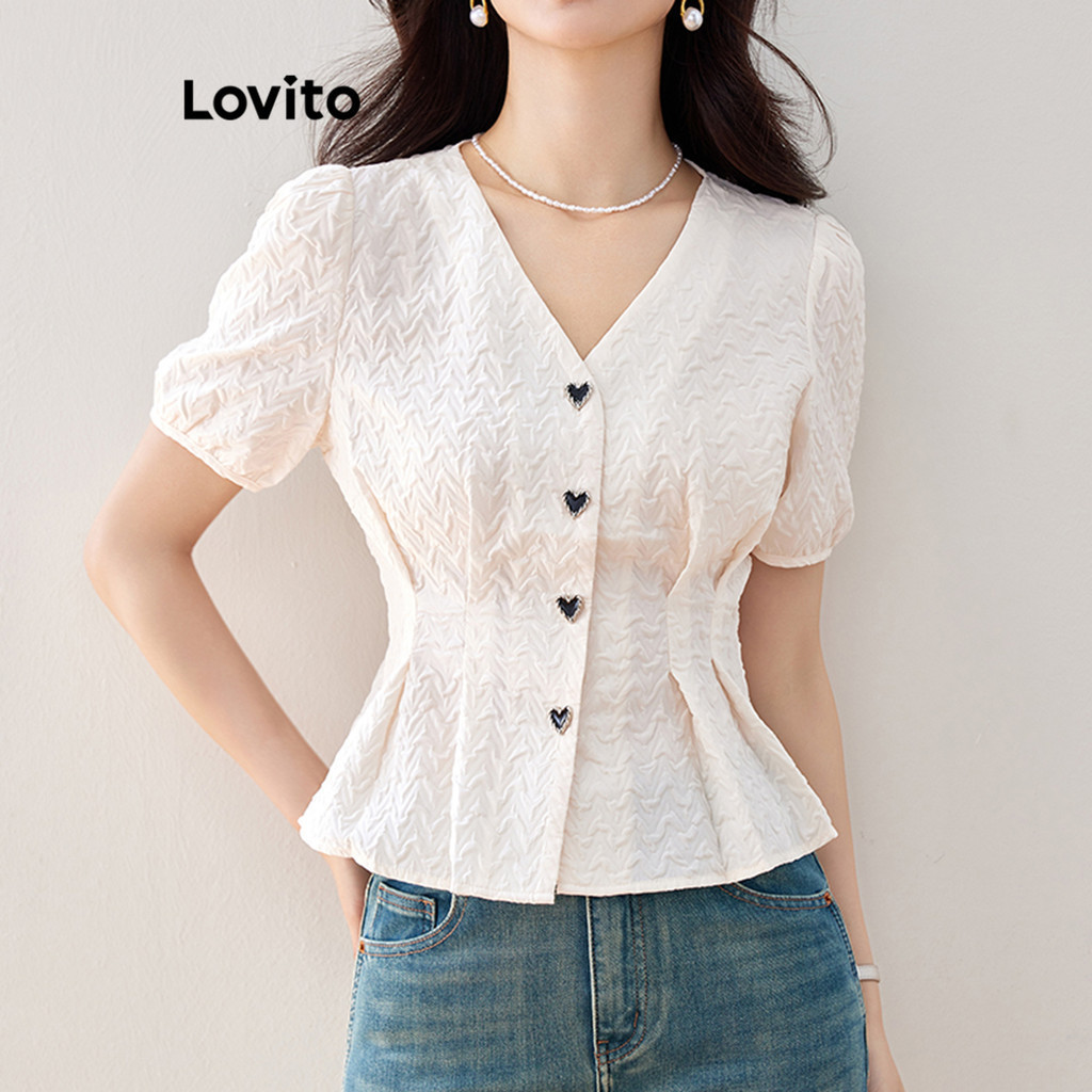 Lovito เสื้อเบลาส์ผู้หญิง ลายหัวใจ แต่งจีบ สีพื้น สไตล์ลำลอง LNE66252