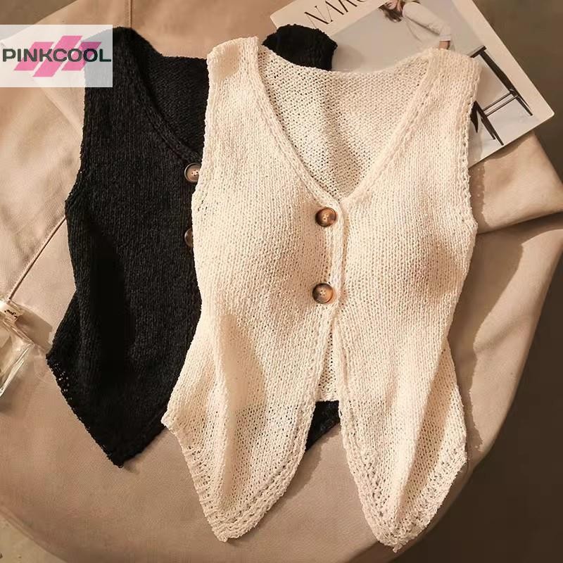 Pinkcool ฤดูร้อนผู้หญิงแฟชั่นสีทึบปุ่มเก๋คอวีแขนกุดถัก Camisole HOT