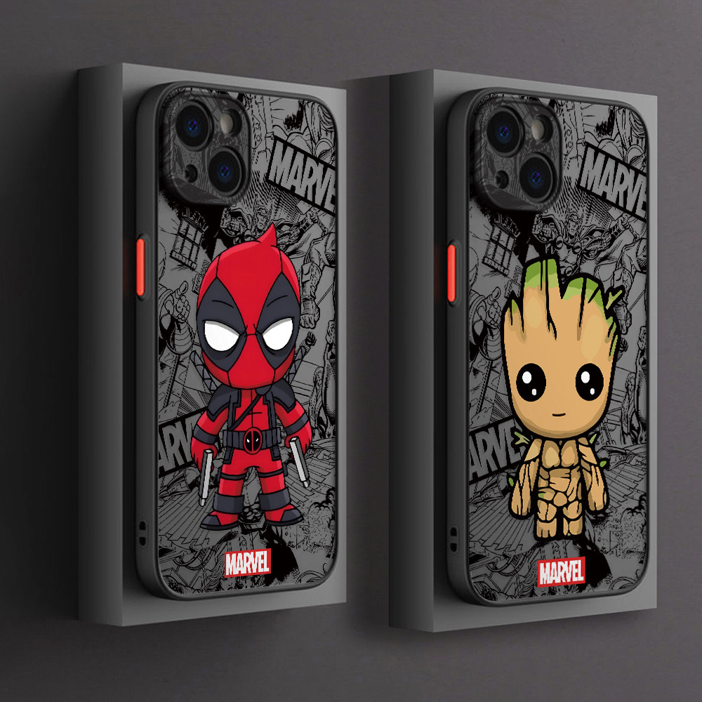 Marvel Deadpool Groot สําหรับ iPhone 16 15 14 Plus 13 12 Mini 11 iPhone16 Pro Max X Xs XR 7 8 เคสโทรศัพท์ Skin-feeling Clear Matte Hard ฝาครอบสีดํา