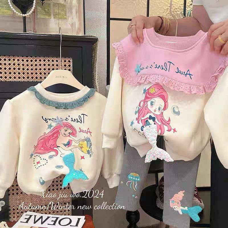 เสื้อสเวตเตอร์แขนยาวคอกลมนางเงือกสามมิติสำหรับเด็กผู้หญิงรุ่นใหม่ฤดูใบไม้ร่วงและฤดูหนาวเสื้อเด็กลายการ์ตูนแฟชั่นแมทช์ลุคง่าย