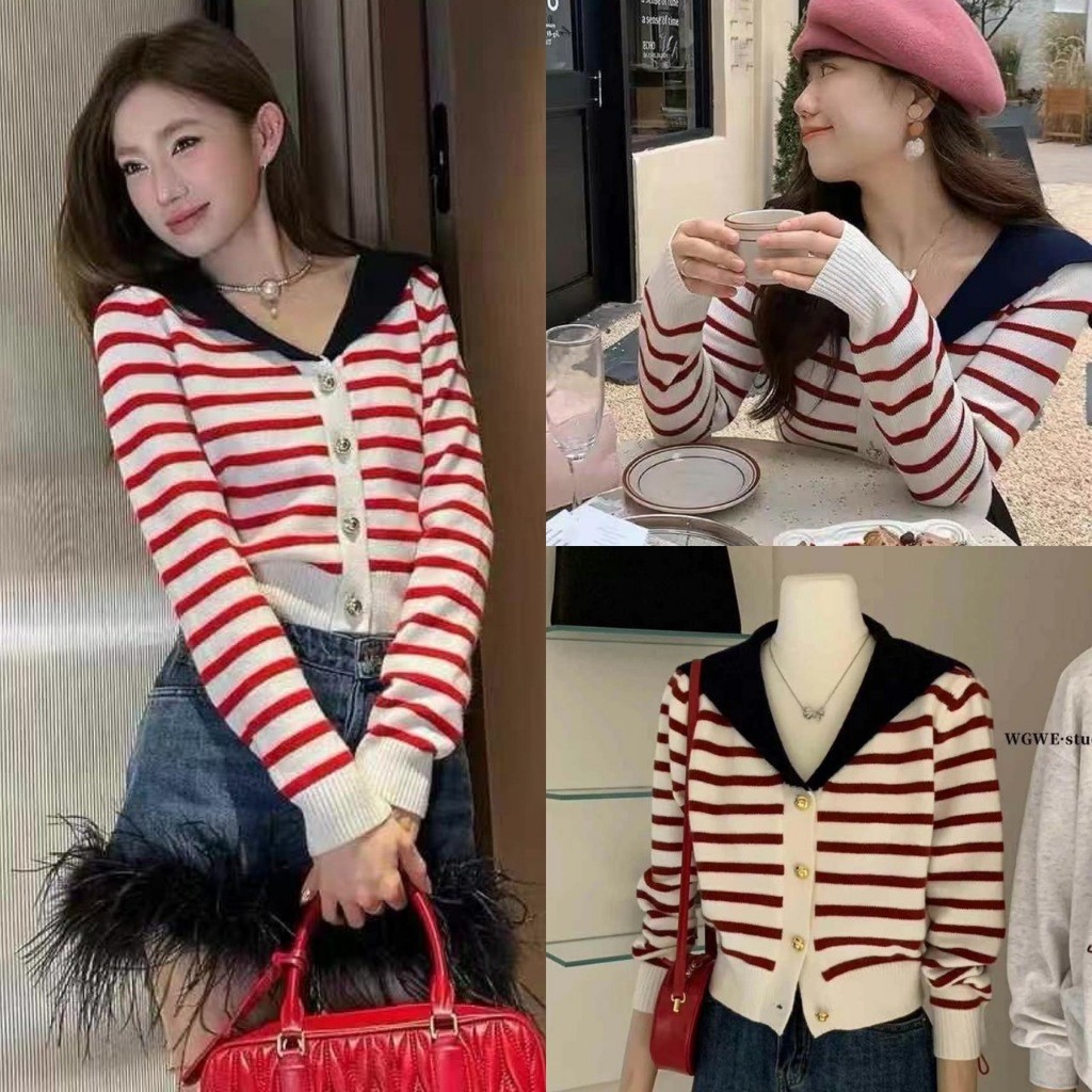 เสื้อคลุมแขนยาว W2881 ลายขวาง แต่งคอปกสีดำ ทรงเกาหลี ทรงน่ารัก แฟชั่นเกาหลี TAG WG.WE