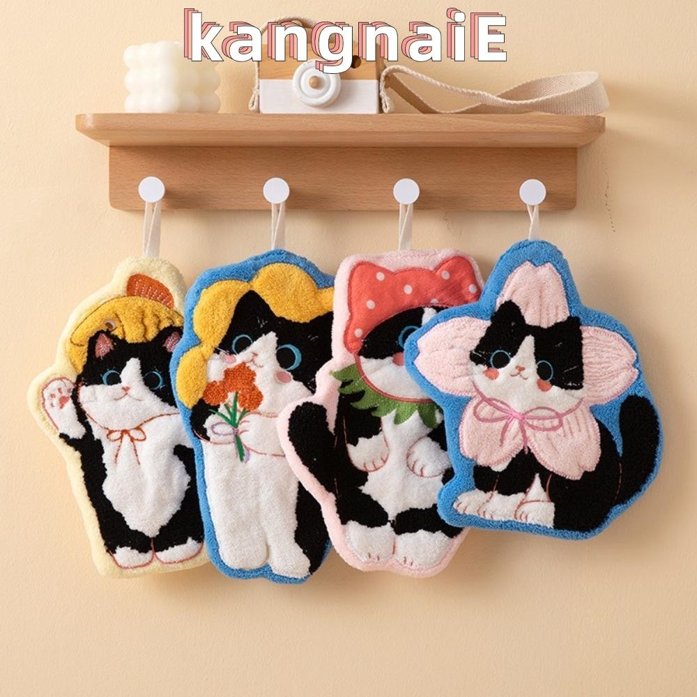 Kangnai ผ้าเช็ดหน้าห้องน้ํา, ผ้าเช็ดมือขนแกะปะการังแมวน่ารัก, สไตล์แขวนทนทาน การดูดซับน้ําที่แข็งแกร่ง ห้องน้ํานุ่ม Kerchief ห้องครัว