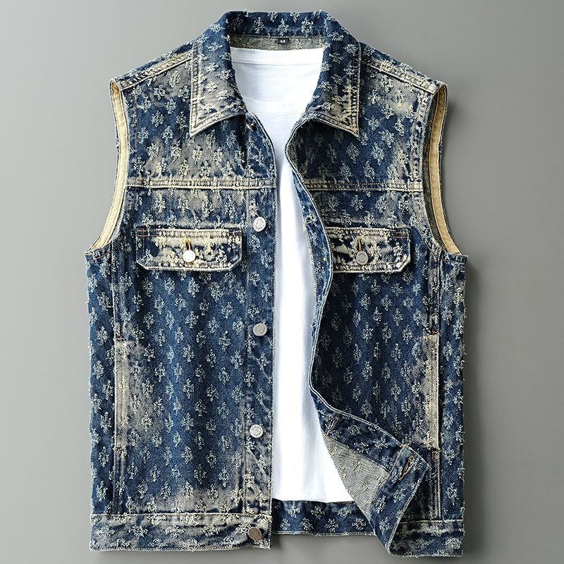 [ร้านค้าขายร้อน] American Retro Street Wear Motorcycle Denim Vest ผู้ชายผู้หญิงฤดูใบไม้ผลิฤดูใบไม้ร่วง High Street Puffian หล่อหลวม Jacquard เสื้อแขนกุดเสื้อแจ็คเก็ตเสื้อผ้าผู้ชาย [คลังสินค้าพร้อม]
