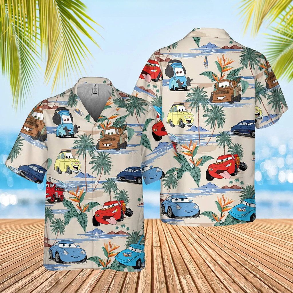 Disney Cars Mens Womens เสื้อฮาวาย Lightning McQueen Doc Hudson ฤดูร้อนเสื้อฮาวายรถ Pixar ฮาวายปุ่มลงเสื้อ
