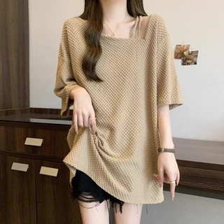 [เสื้อยืดโอเวอร์ไซส์] (50-150 กก.) ผู้หญิง ฤดูร้อน สไตล์เกาหลี เสื้อยืด คอยาว ตัดไม่สม่ำเสมอ ทรงหลวม เสื้อธรรมดา เสื้อยื