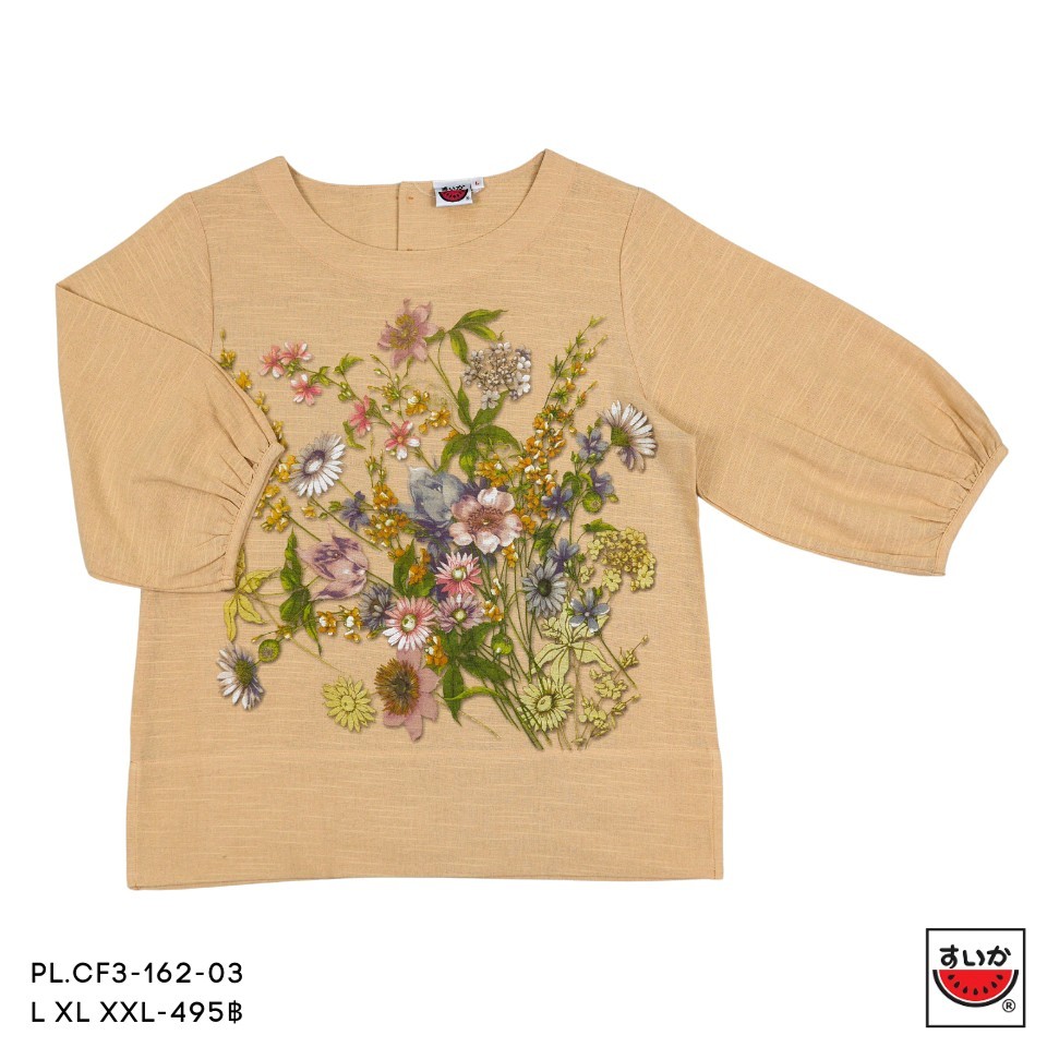 เสื้อแตงโม (SUIKA) - เสื้อแตงโม คอปาดแขนสามส่วนจั๊มปลายแขนผ้าสลาฟ พิมพ์ลายดอกไม้ ( PL.CF3-161 162 162 160 174 170 ) — صورة 6
