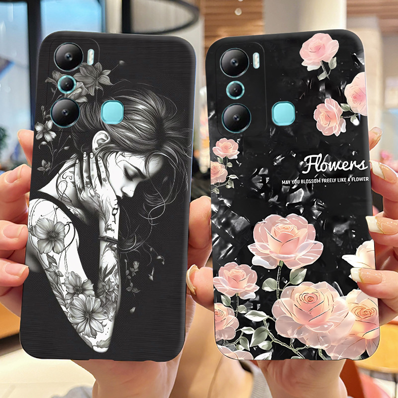 เคสโทรศัพท์สําหรับ Infinix HOT 20i X665C X665E สีดําซิลิโคนปกอ่อนสาวสวยดอกไม้พิมพ์เคสป้องกัน