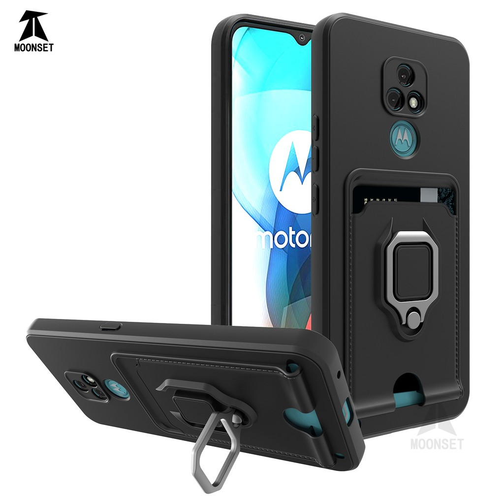 สําหรับ Motorola Moto E7 กรณี 3 ใน 1 การ์ดผู้ถือสแควร์ขาตั้ง Freebie เชือกเส้นเล็กกันกระแทก Anti-drop Slim บาง Soft TPU ฝาครอบ