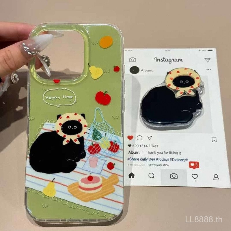 เคสโทรศัพท์สำหรับ iPhone Spring Picnic Little Black Cat 16/15 Pro Max/14 ใหม่ 13/12/11 Pro Niche XS Max/XR Creative 7/8 Plus กันกระแทก รูขนาดใหญ่ เคสป้องกันแบบเต็ม N2ZO