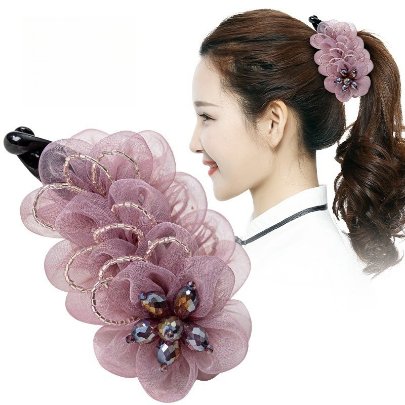 ดอกไม้ลูกปัดบิดคลิปแฟชั่นเกาหลีกิ๊บติดผมหางม้าหรูหราเครื่องประดับผมสําหรับผู้หญิ