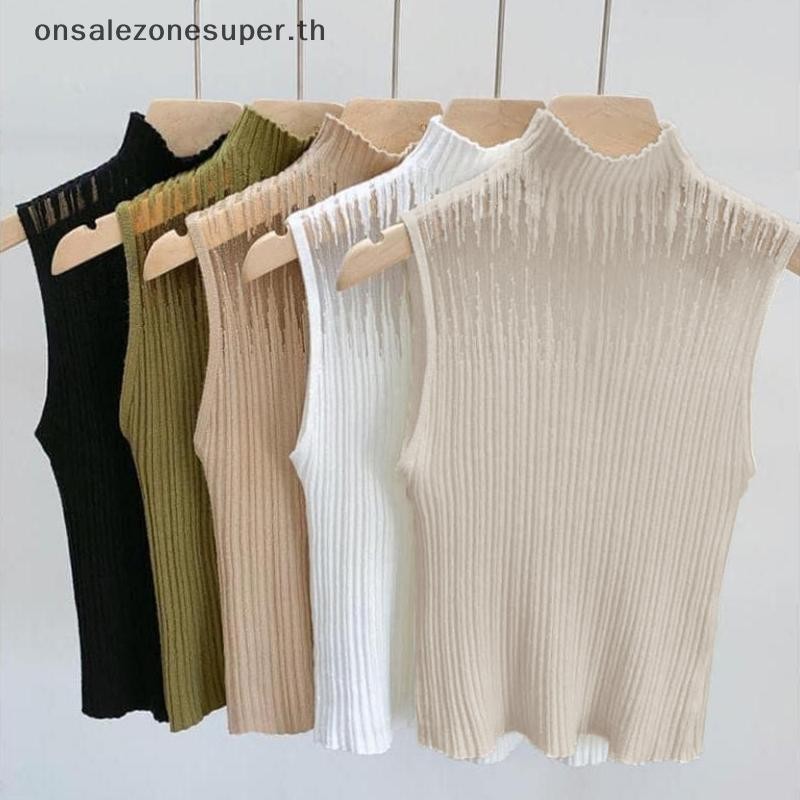 Ons ฤดูร้อนเกาหลีครึ่งคอเต่า Hollow ถักเสื้อกั๊กผู้หญิงสีทึบแขนกุด Slim เสื้อกล้ามที่