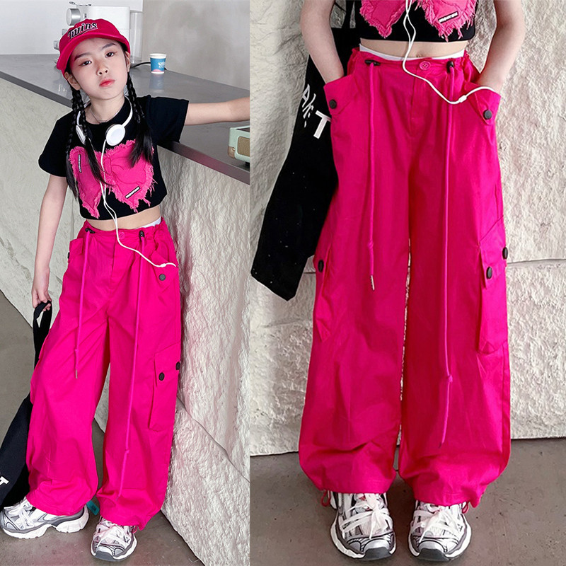 【สินค้าโปรโมชัน】 กางเกงคาร์โก้เด็กผู้หญิง กางเกงเด็ก เอวสูง เอวยางยืด กระเป๋าหลาย สไตล์อเมริกัน ระบายอากาศได้สะดวกสบาย 130-160cm