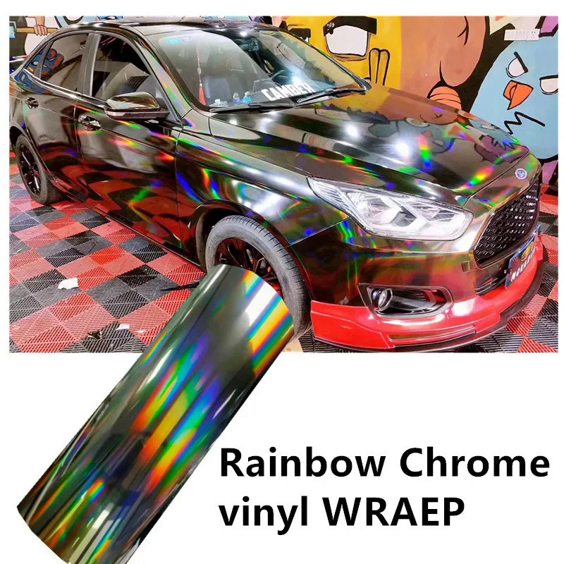 Stretchable Silver Holographic Chrome vinyl Wrap Self-Adhesive Film   Car Wrapping Roll Rainbow Chro