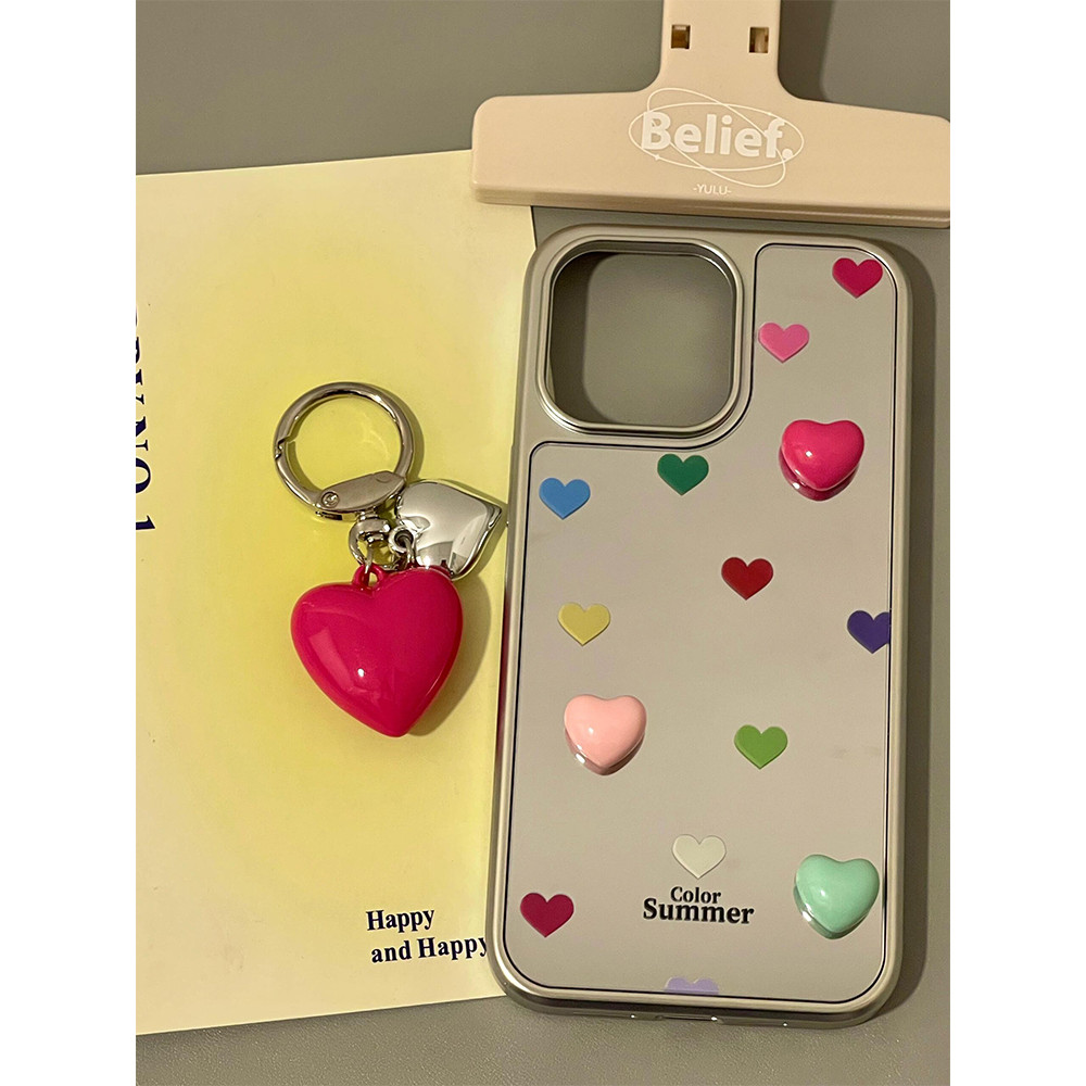 Huiwanju จี้รักสีสามมิติเหมาะสําหรับ iPhone16promax เคสโทรศัพท์มือถือ iP15/13promax เคสป้องกัน 12 ผู้หญิง 14pro ป้องกันการตก 15 กระจกแต่งหน้า