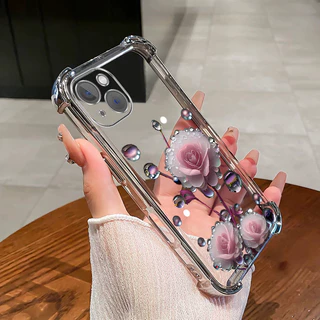 เคสสําหรับiPhone 13 14 pro max 14 plus 13 Mimiเคสโทรศัพท์สีชมพูดอกตูมสี่มุมซิลิโคนTPUโปร่งใสSoft shell ﻿ดีซ