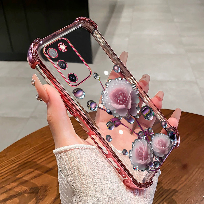 สําหรับVivo Y100 Y400 V30E 5G V40 LITE 4Gเคสโทรศัพท์ดอกไม้สีชมพูBudสี่มุมซิลิโคนTPUโปร่งใสSoft shell