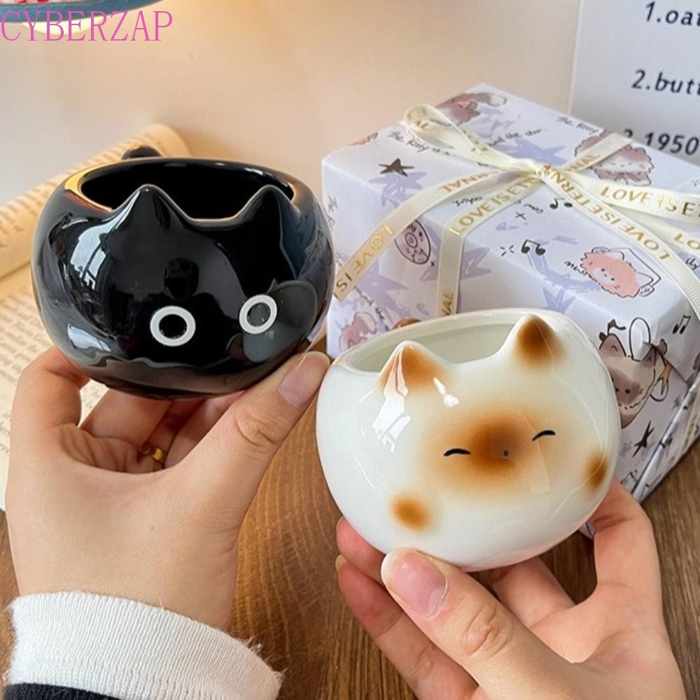 CYBERZAP Cat Ceramic Cup, การ์ตูนถ้วยกาแฟหรูหรา, ของขวัญวันเกิดแก้วนมตลกประณีตในครัวเรือน