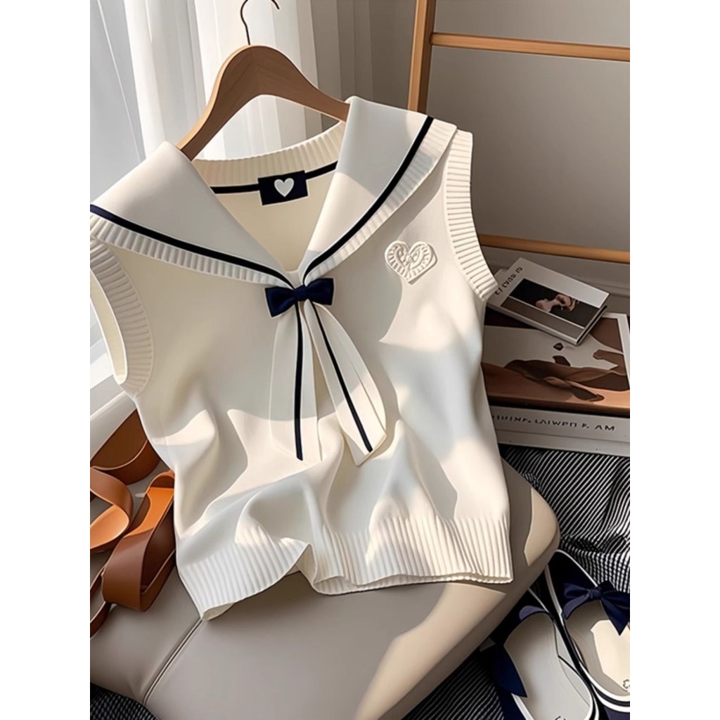 เสื้อกั๊กสั้น Navy Bow All-Match เสื้อกั๊กถักนิตติ้งสไตล์ใหม่