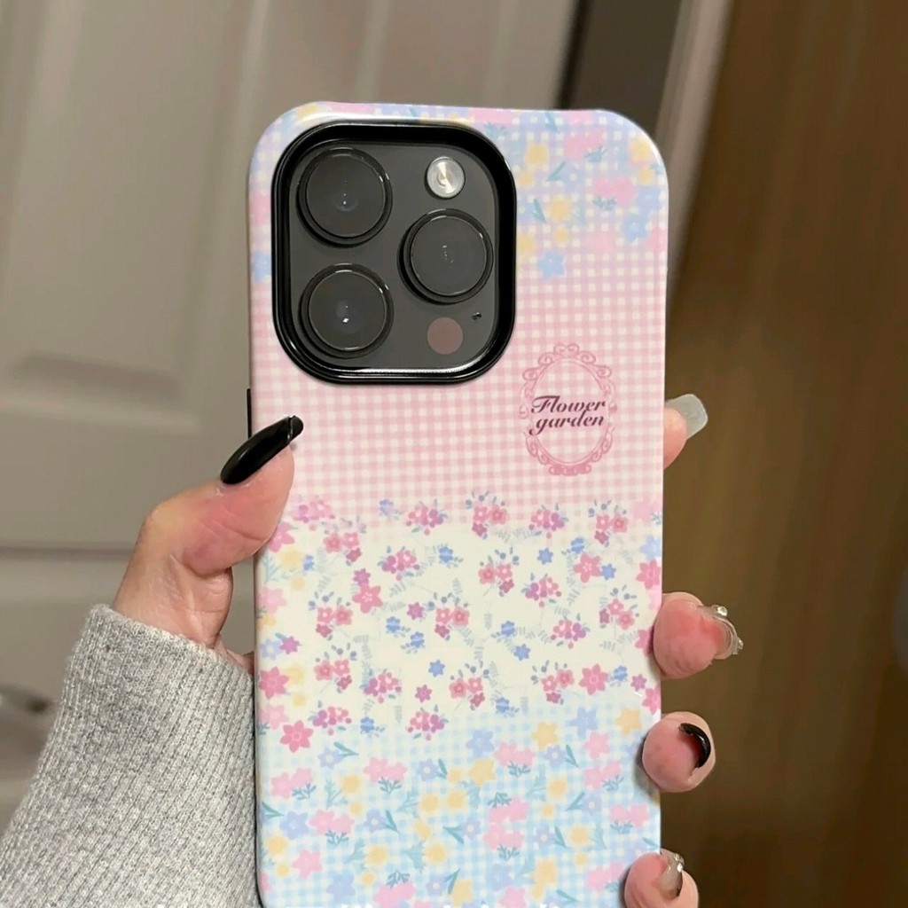 เคสโทรศัพท์ลายตารางดอกไม้ 2-in-1 เข้ากันได้กับ iPhone 15 14Pro 13ProMax XS 14ProMax 8plus 16ProMax 11ProMax XSMAX 12Pro 15ProMax เคสแข็งสองชั้นป้องกันการตกหล่น