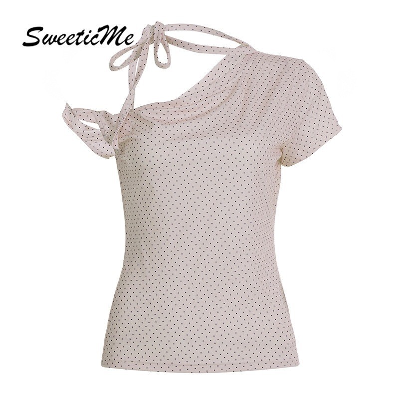 SweeticMe เสื้อสตรี 2026 เสื้อยืดแขนยาวคอกลมลายจุดแฟชั่นใหม่