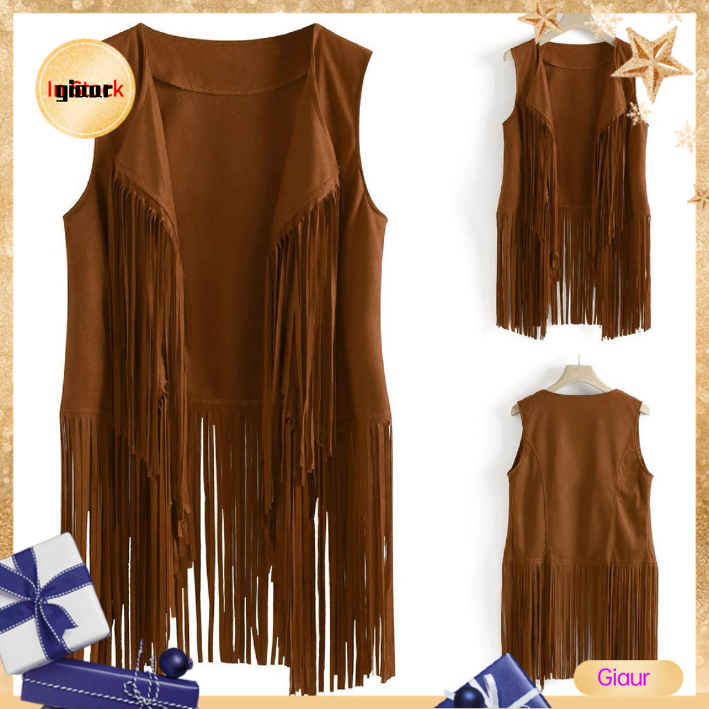 Giarz ผู้หญิง Fringd เสื้อกั๊กแจ็คเก็ตผู้หญิงคาวบอยสาว Hippie แจ็คเก็ตสไตล์ Fringe เสื้อกั๊กสําหรับผู้หญิงเหมาะสําหรับคอนเสิร์ตและคอสเพลย์สําหรับ Hop สไตล์เสื้อกั๊กแจ็คเก็ตเปิดด้านหน้า