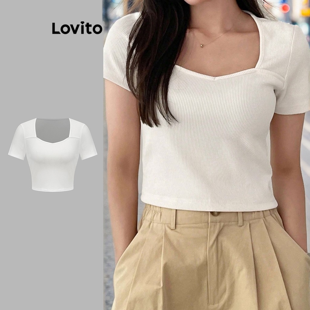 Lovito เสื้อยืดผู้หญิง เบสิก สีพื้น สไตล์ลำลอง L88AD049