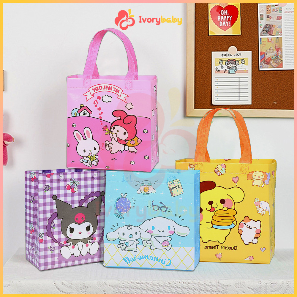 IVORYBABY กระเป๋าถือ ถุงผ้าไม่ทอ ผ้าสปันบอนด์ ทนทาน ลายการ์ตูนน่ารัก พับได้
